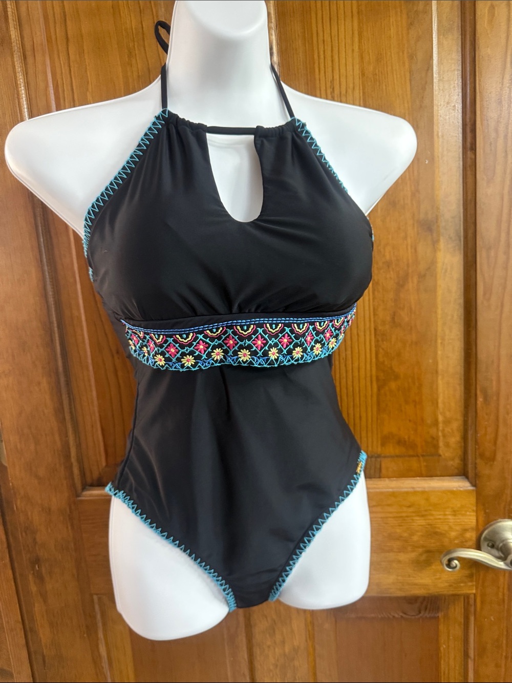 Girls' Black Halter One-Piece Swimsuit with Colorful Embroidered Band